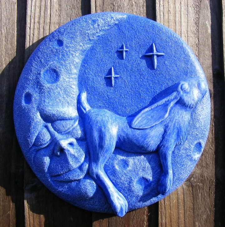 Moon Lazing Hare Garden Wall Plaque Ornament Blue